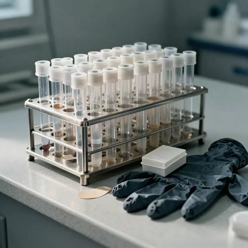 Specimen tubes, wristbands, gloves, and a vial box arranged in a lab intake rack on pale stone.