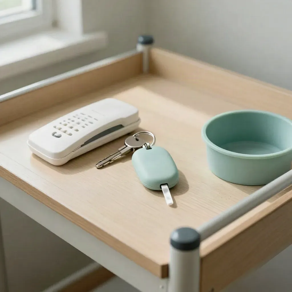 Med-cart still life with pill cassette, pendant, key fob, and cup tray on pale wood