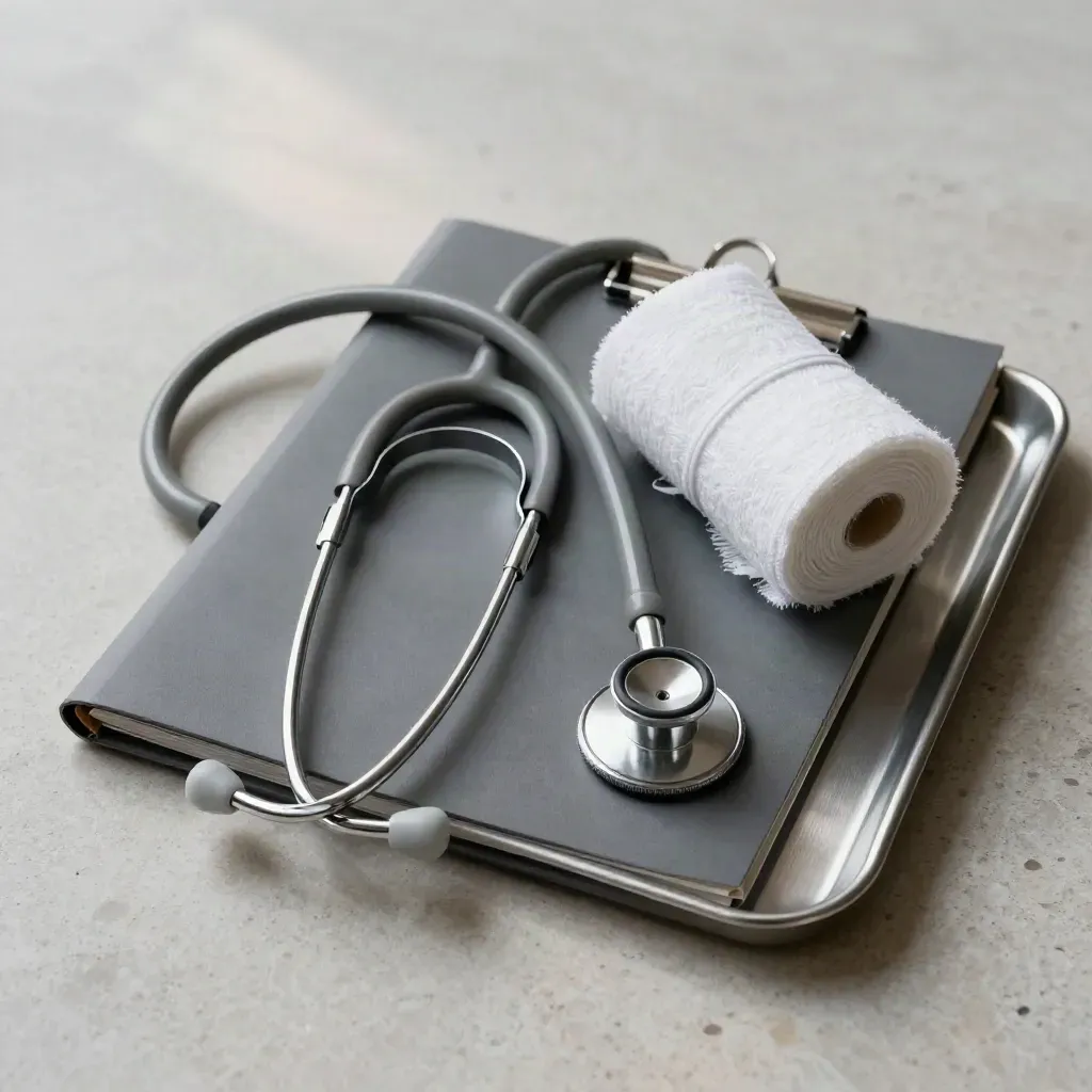 Stethoscope, clip folder, gauze rolls, and instrument tray on pale stone, top-down medical still life.