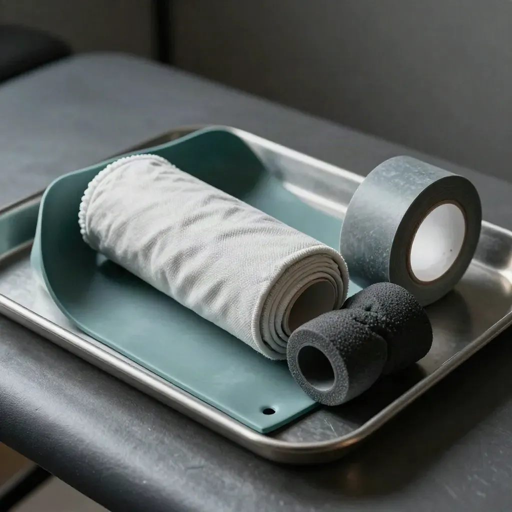 Physiotherapy tools on brushed metal: resistance band, cold pack wrap, tape roll, foam grip.