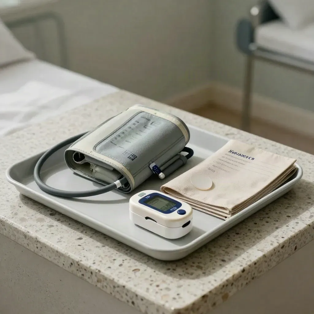 Bedside monitoring kit with cuff, oximeter, pill organiser, folio and pendant on travertine.