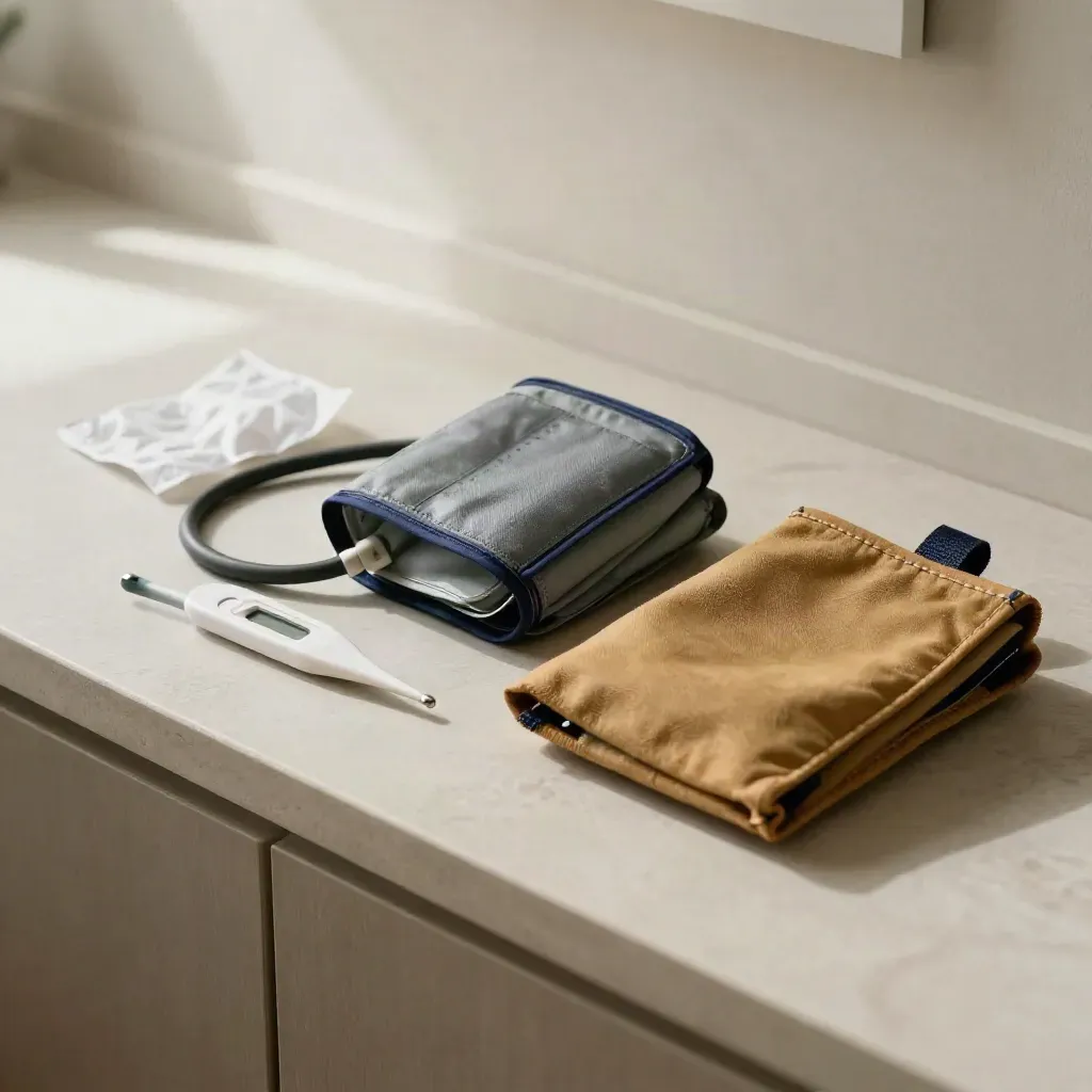 Home-visit care kit with cuff, thermometer, shoe covers and route pouch on pale stone.