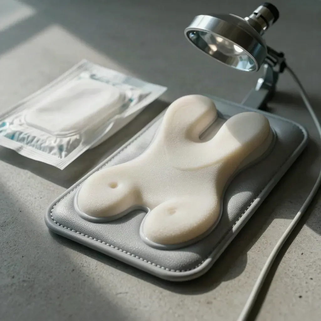 Macro bedside monitoring kit with sensor pad, heel cushion, wipes, and clip-on lamp on concrete