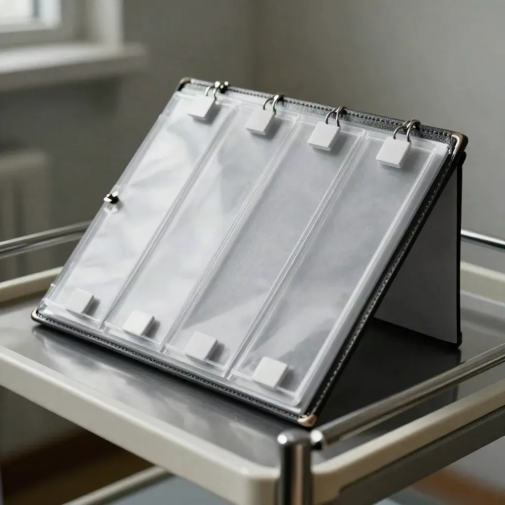 Open patient chart binder with blank dividers and white clips on steel
