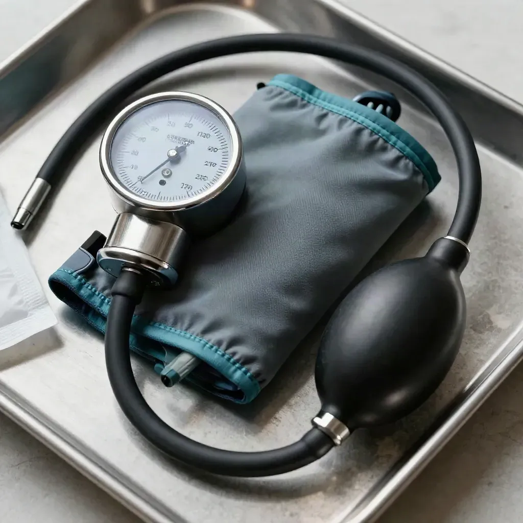 Overhead macro of a blood pressure cuff, gauge, bulb, penlight and alcohol swab on stone