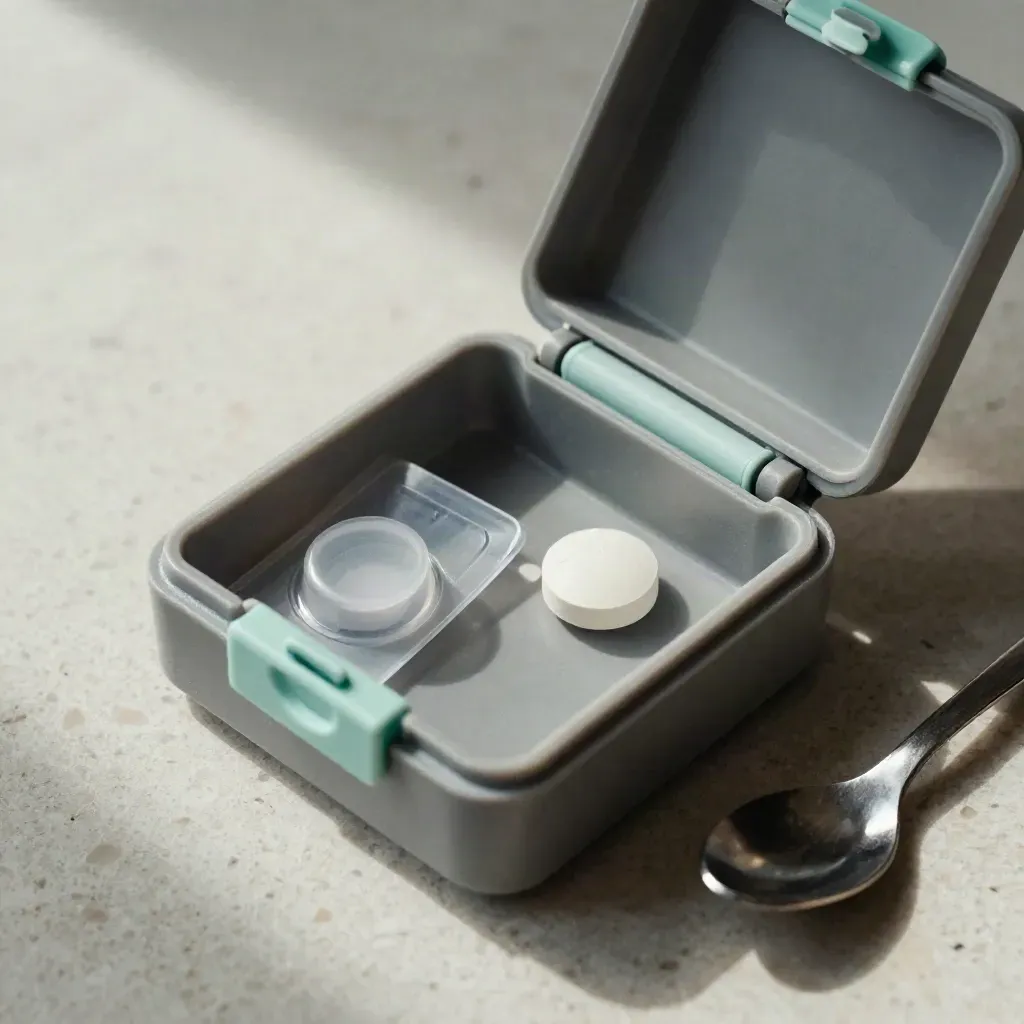 Pill organiser closing beside blister strip and medicine spoon on pale stone, top-down macro