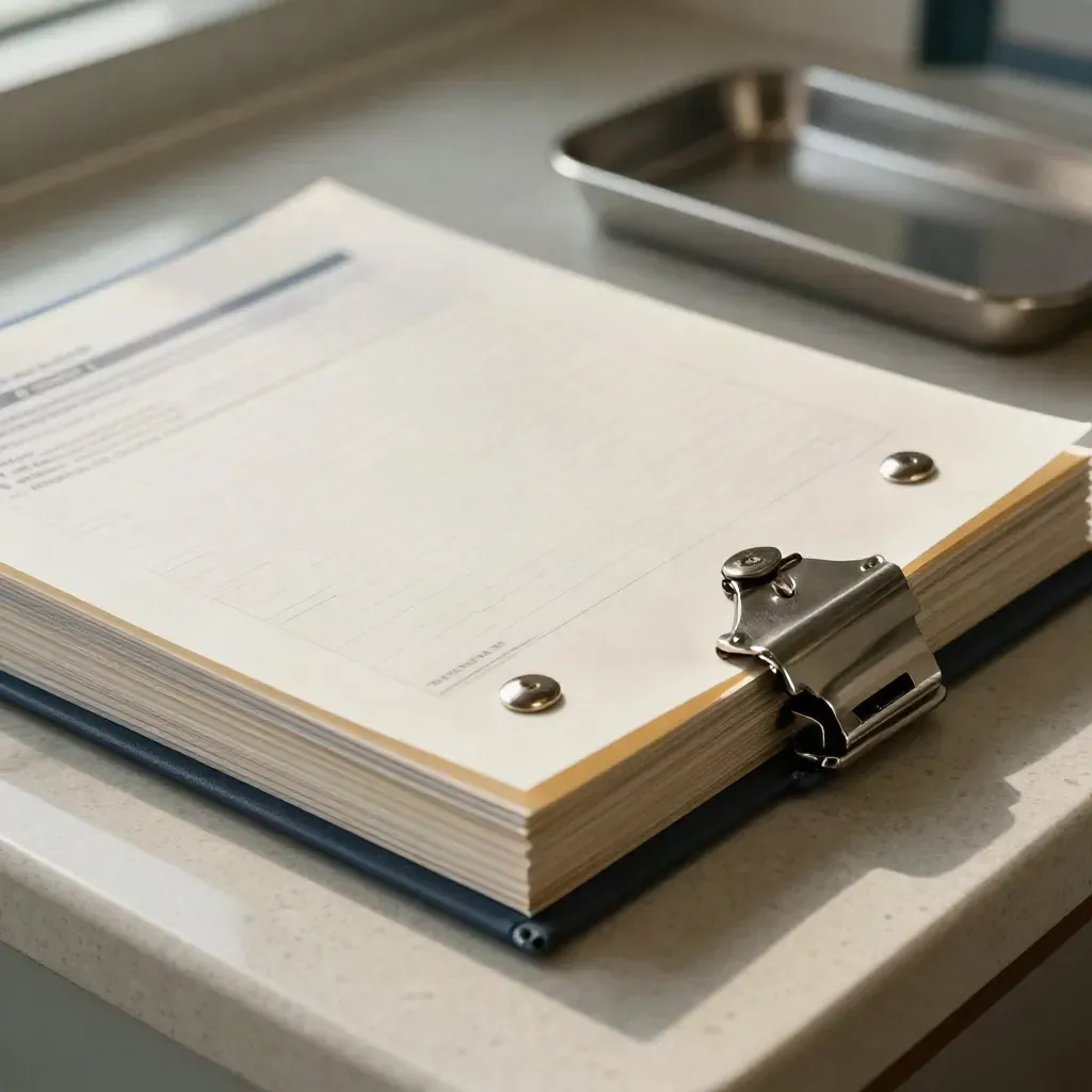 Macro close-up of a care-plan folio with translucent sleeves, index flags and steel fasteners on pale stone.