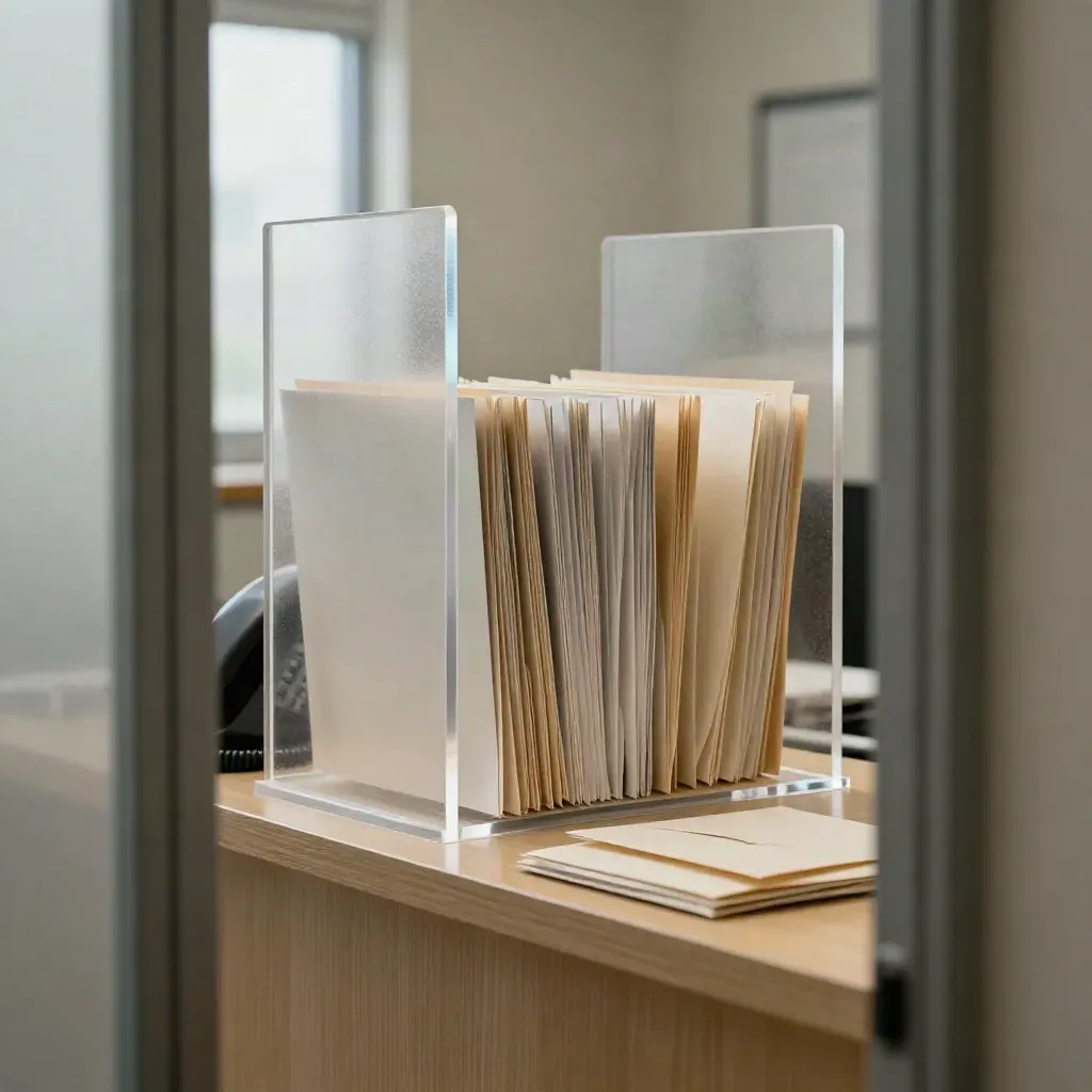 Clinic audit folders, frosted divider, phone base and envelopes framed by a blurred doorway edge.
