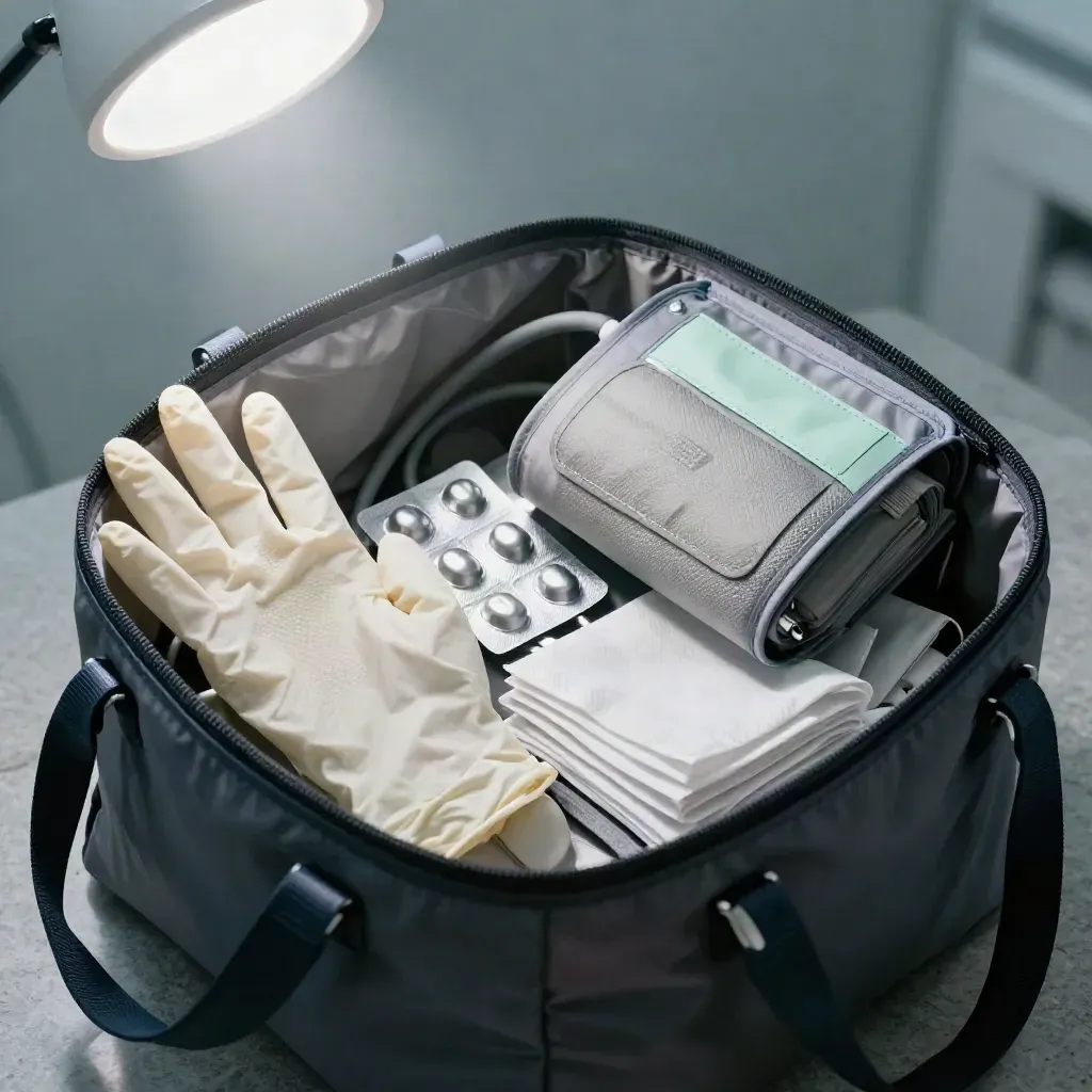 Open home-care tote packed with cuff, gloves, blister packs, shoe covers and route pouch