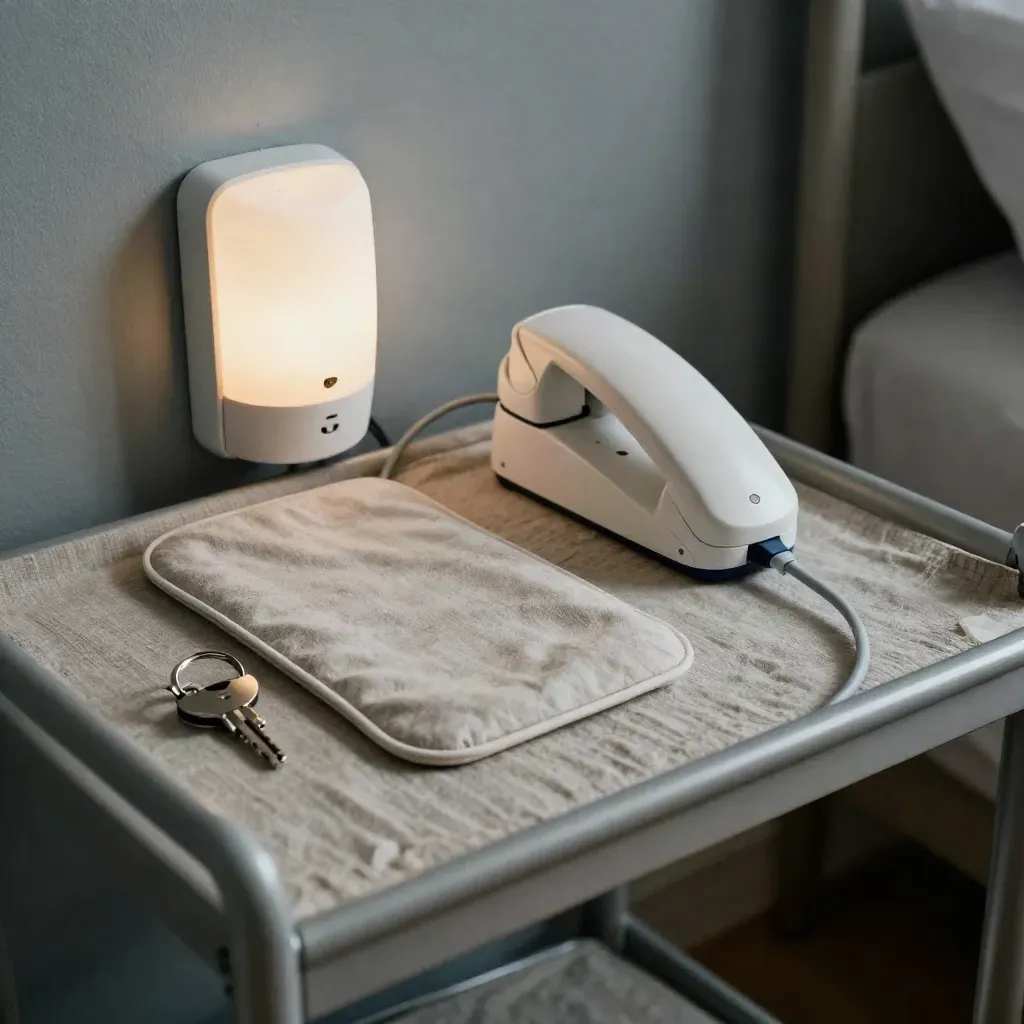 Bed-exit sensor pad, nightlight, call pendant and key fob on an assisted-living shelf.