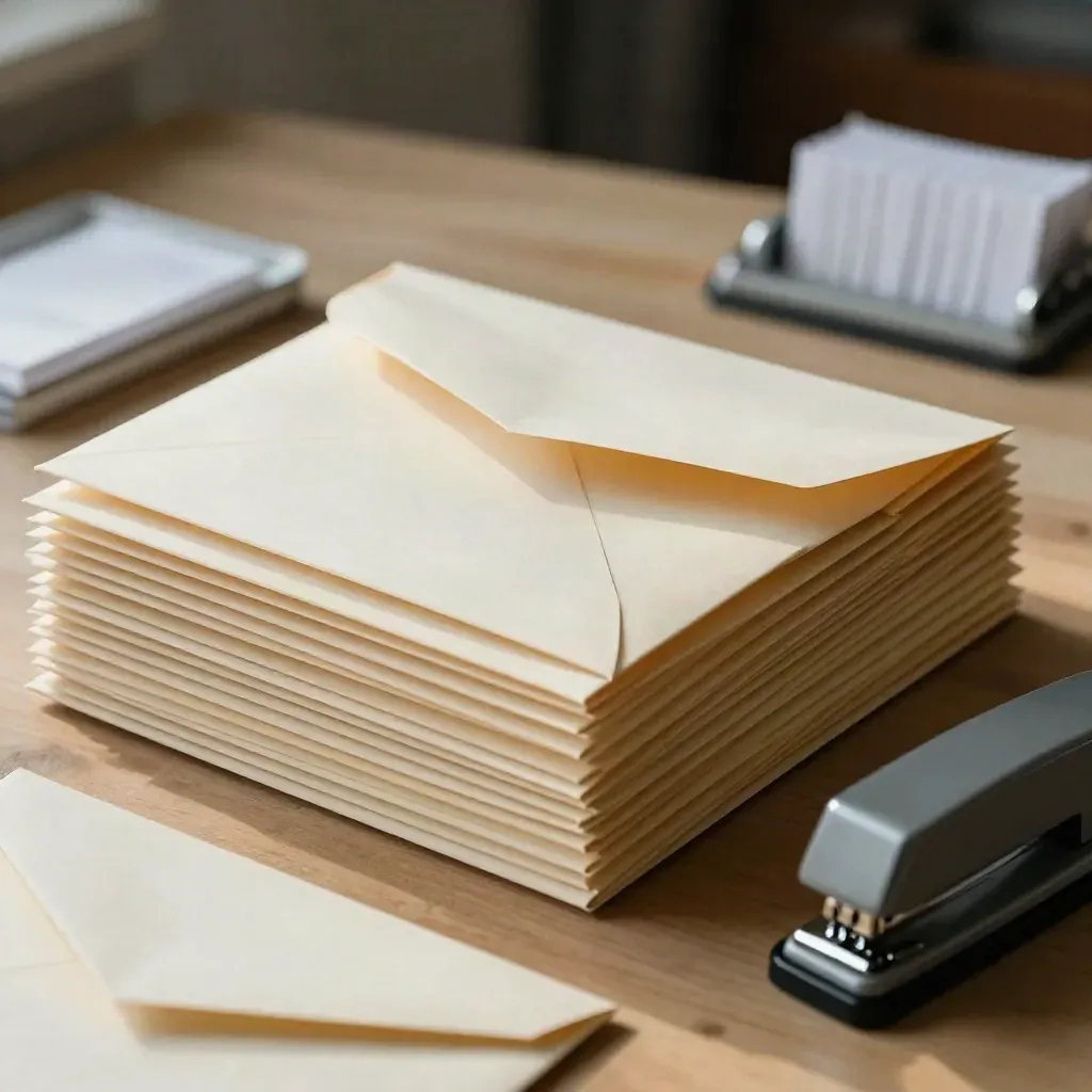 Stack of report envelopes, stapler and paper punch tray on pale wood.