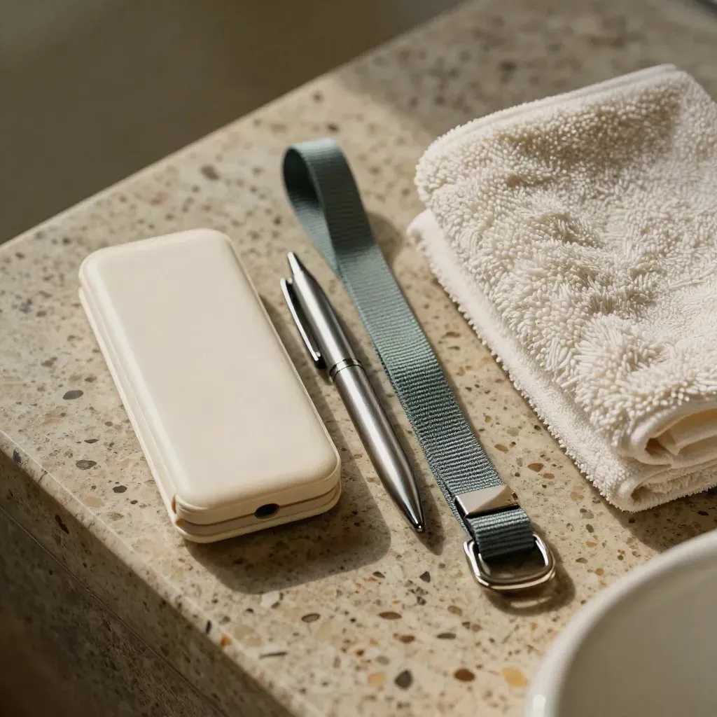 Closed care binder, pen, lanyard and folded towel on stone in a macro still life.