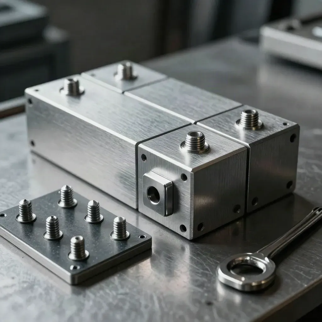 Aluminum blocks and dowel pins lock together on brushed metal in dramatic studio light.