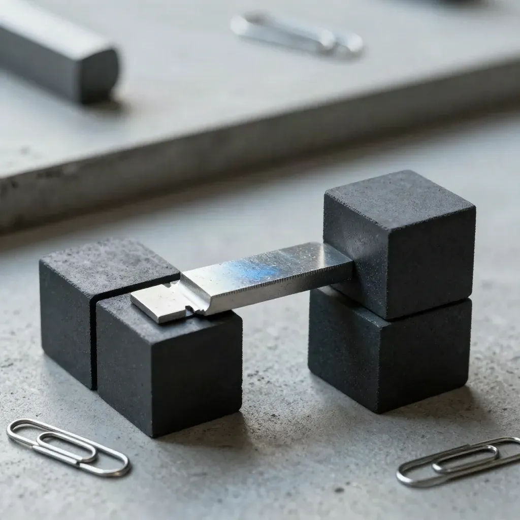Graphite cubes, paper clips, and a steel bridge piece on concrete, lit from upper left.