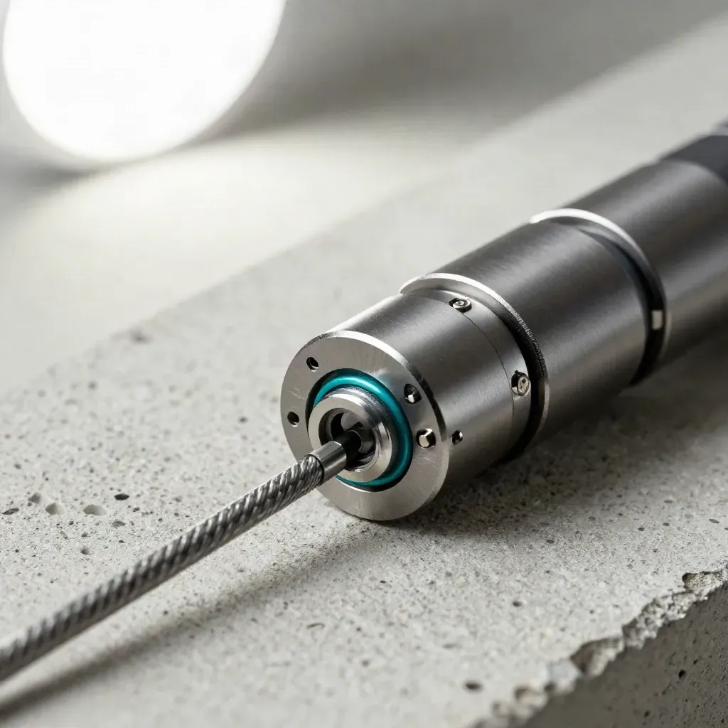 Macro docking coupler and magnetic connectors on pale concrete with a teal accent.