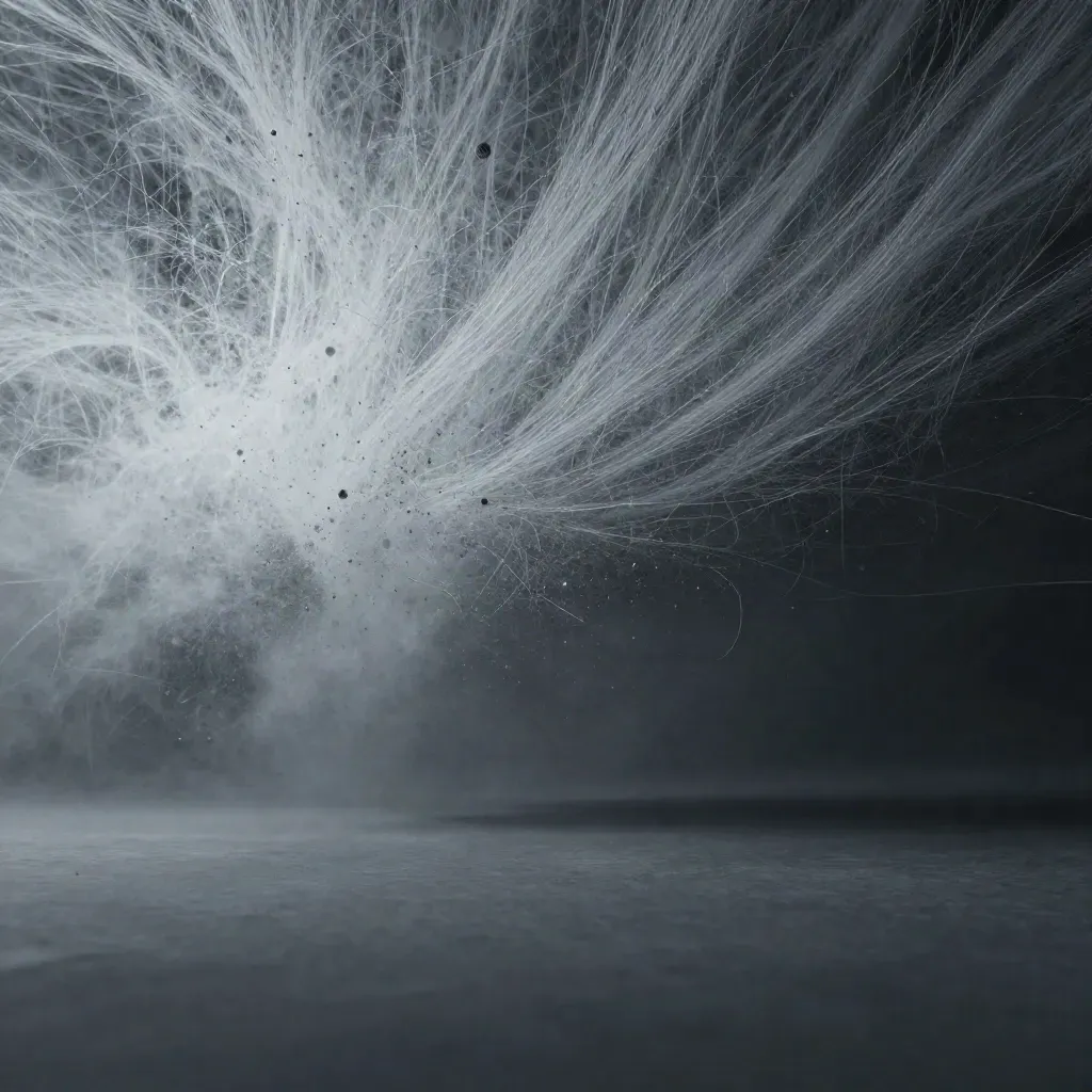 Abstract silver filaments converge into a white bloom in graphite haze.